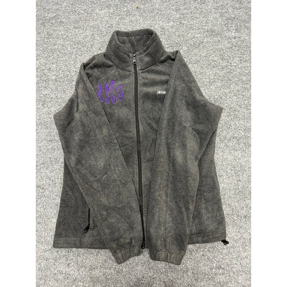Columbia Fleece Jacket Womens SizeL Grey Full Zip Monogram Soft Outdoor Layer